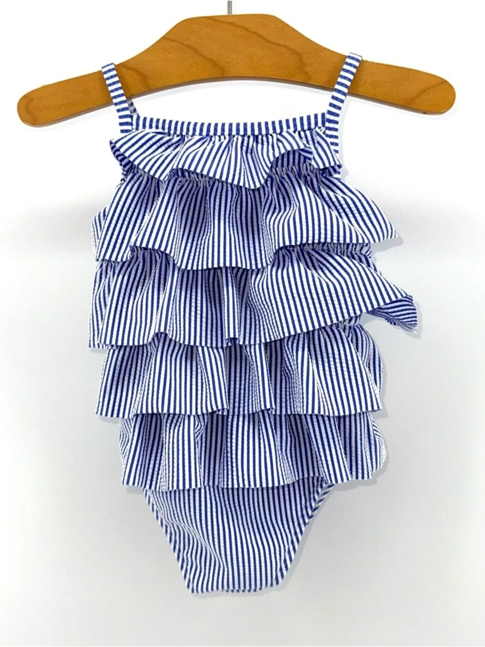 Baby Boden Baby Girls Striped Ruffle One-Piece Swimsuit in Blue and White